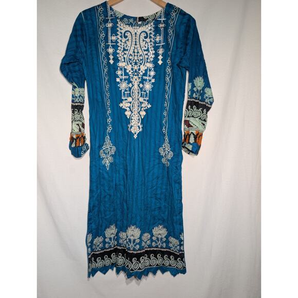 Middle Eastern Womens Patiyala Kaftan Dress Sz M Turquoise Embroidered Indian - Picture 5 of 7